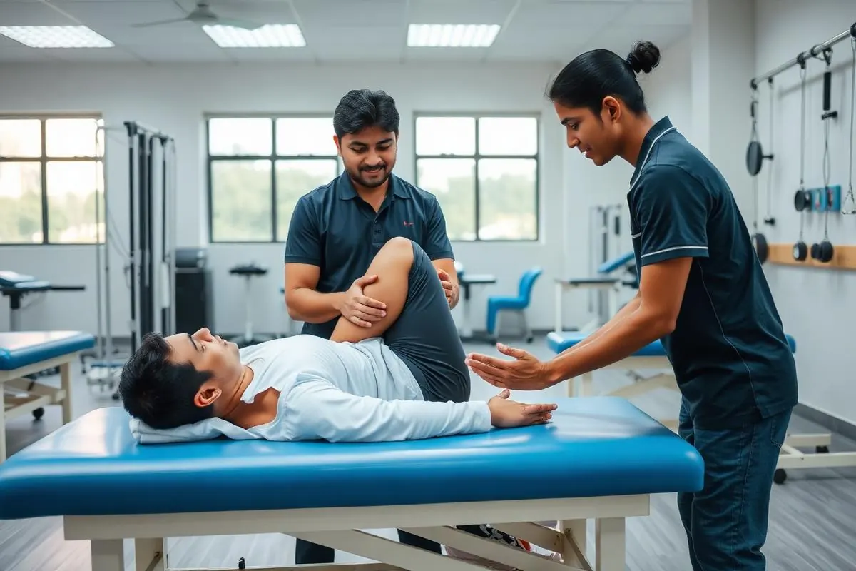 Physiotherapy student guiding a patient through knee exercises in a rehabilitation gym