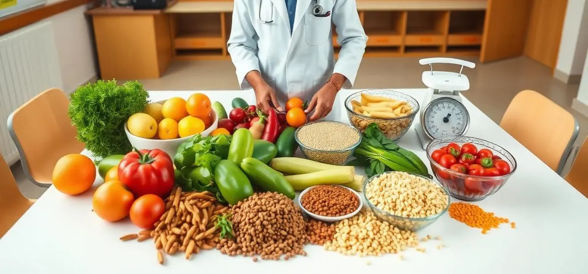 Dietitian arranging fresh fruits, vegetables and grains for a nutrition practical session