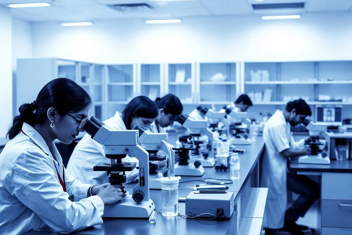 Medical laboratory technology students analysing samples with microscopes in a diagnostic lab